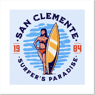 Vintage San Clemente, California Surfer's Paradise // Retro Surfing 1980s Badge B Posters and Art